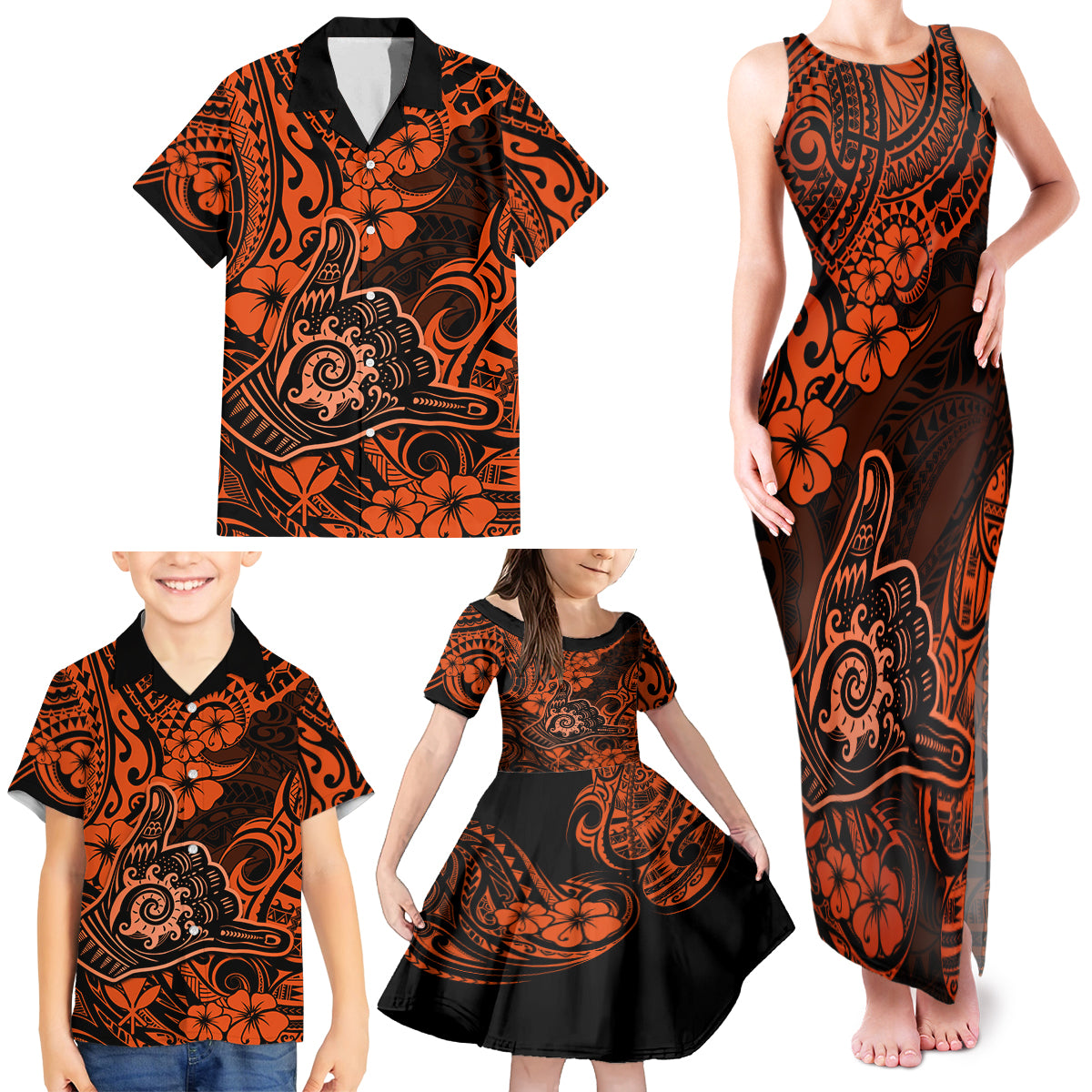 Hawaii Shaka Sign Family Matching Tank Maxi Dress and Hawaiian Shirt With Polynesian Hibiscus Orange Unique - Wonder Print Shop