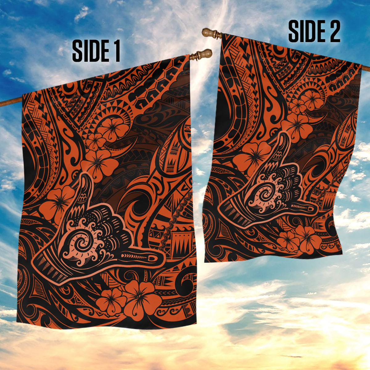 Hawaii Shaka Sign Garden Flag With Polynesian Hibiscus Orange Unique - Wonder Print Shop
