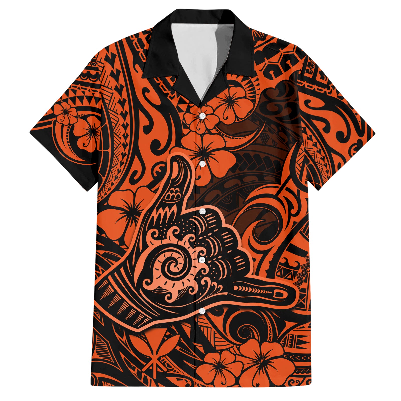 Hawaii Shaka Sign Hawaiian Shirt With Polynesian Hibiscus Orange Unique - Wonder Print Shop