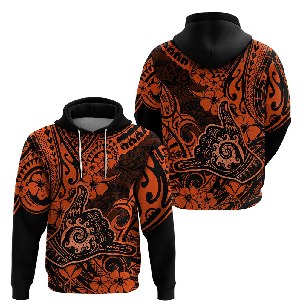 Hawaii Shaka Sign Hoodie With Polynesian Hibiscus Orange Unique - Wonder Print Shop