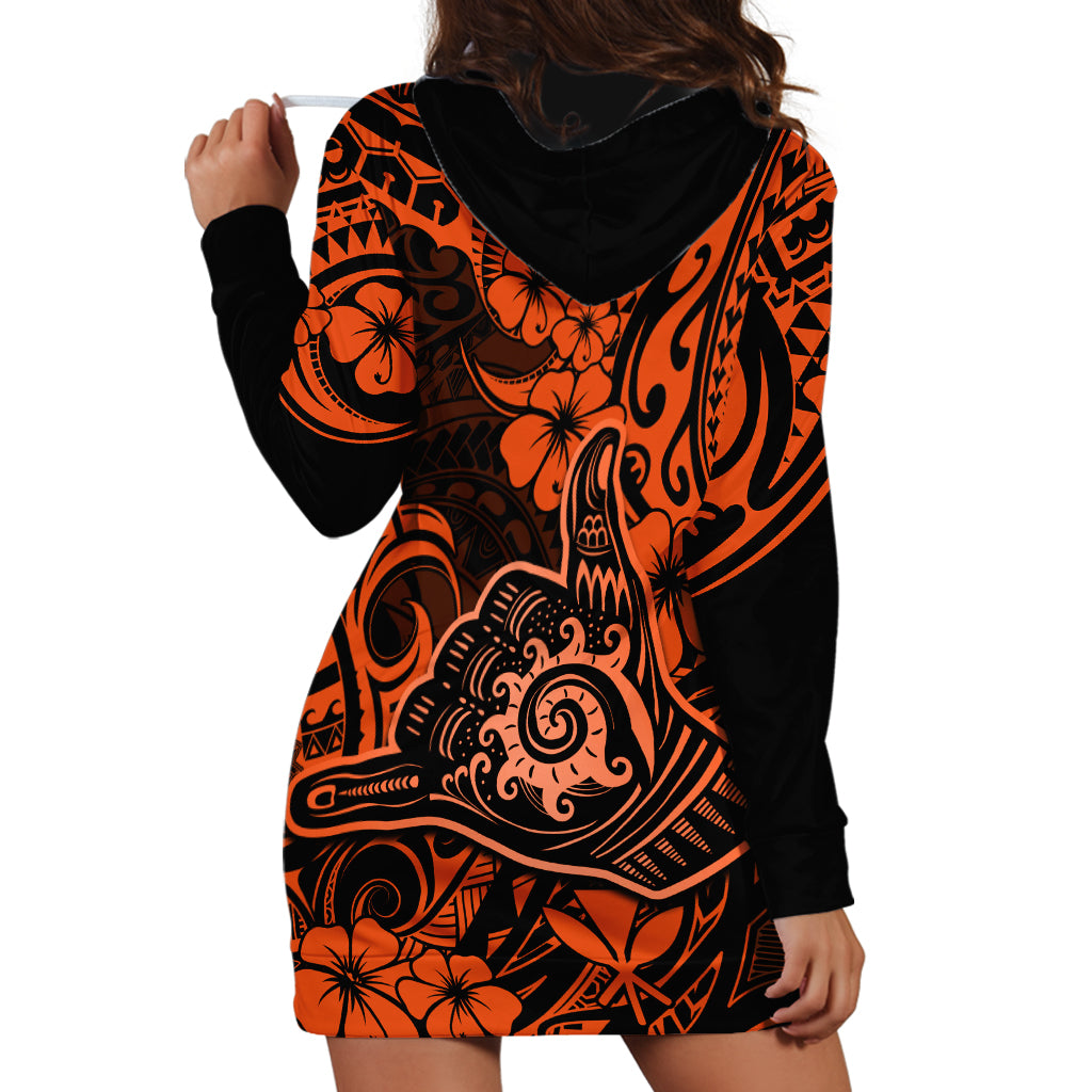 Hawaii Shaka Sign Hoodie Dress With Polynesian Hibiscus Orange Unique - Wonder Print Shop