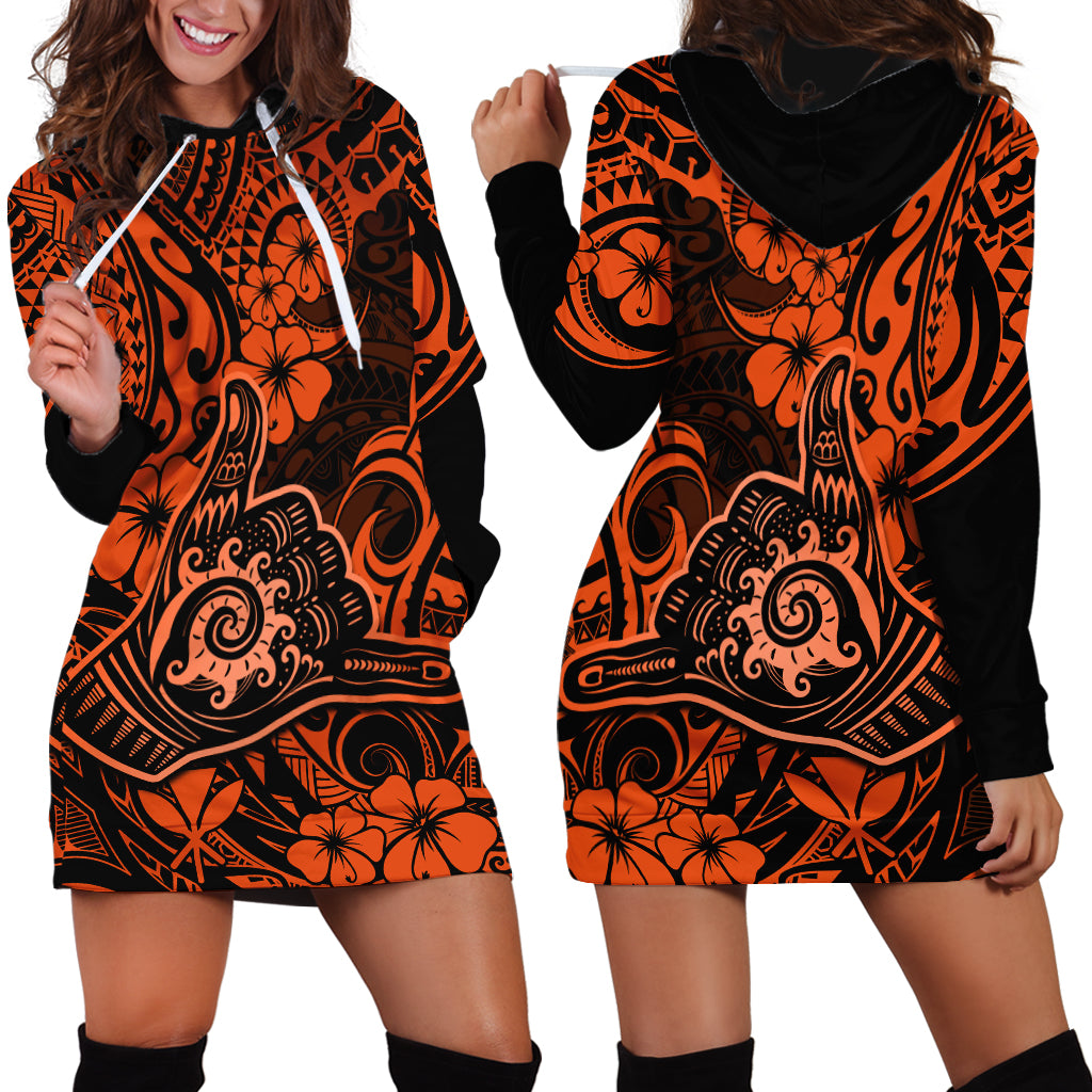 Hawaii Shaka Sign Hoodie Dress With Polynesian Hibiscus Orange Unique - Wonder Print Shop