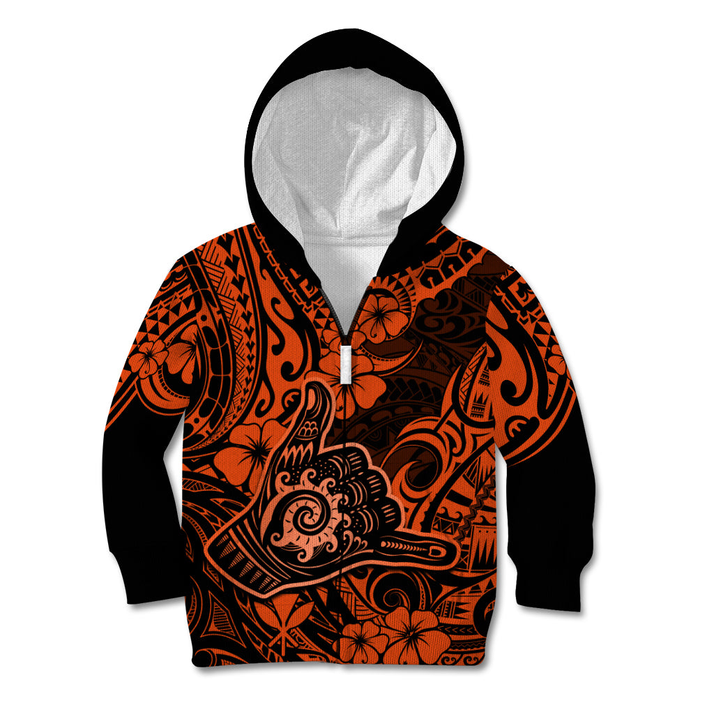 Hawaii Shaka Sign Kid Hoodie With Polynesian Hibiscus Orange Unique - Wonder Print Shop