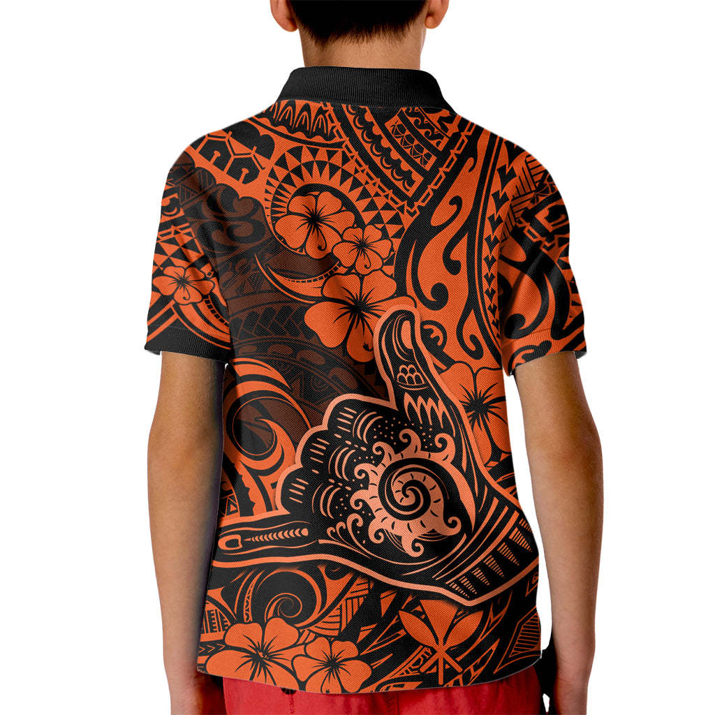 Hawaii Shaka Sign Kid Polo Shirt With Polynesian Hibiscus Orange Unique - Wonder Print Shop
