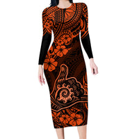 Hawaii Shaka Sign Long Sleeve Bodycon Dress With Polynesian Hibiscus Orange Unique - Wonder Print Shop