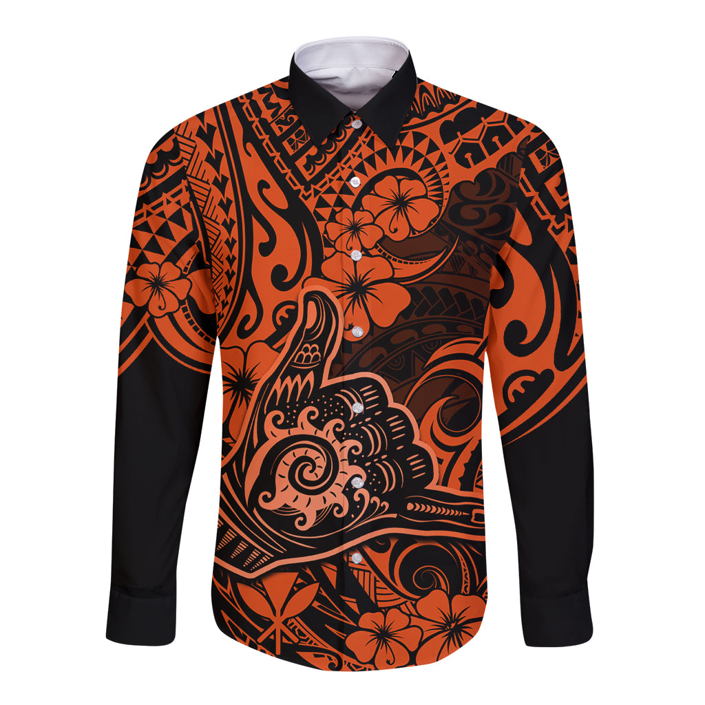 Hawaii Shaka Sign Long Sleeve Button Shirt With Polynesian Hibiscus Orange Unique - Wonder Print Shop