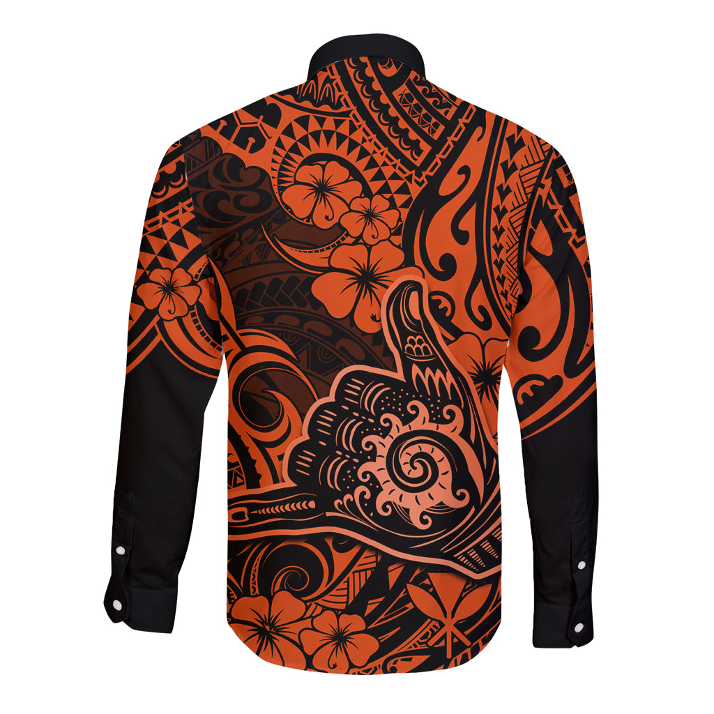 Hawaii Shaka Sign Long Sleeve Button Shirt With Polynesian Hibiscus Orange Unique - Wonder Print Shop