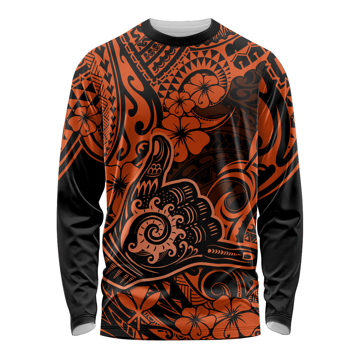 Hawaii Shaka Sign Long Sleeve Shirt With Polynesian Hibiscus Orange Unique - Wonder Print Shop