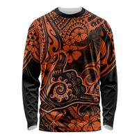 Hawaii Shaka Sign Long Sleeve Shirt With Polynesian Hibiscus Orange Unique - Wonder Print Shop