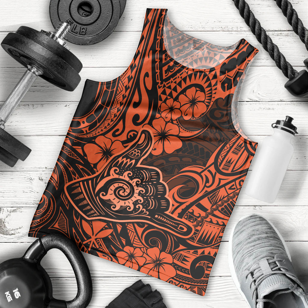 Hawaii Shaka Sign Men Tank Top With Polynesian Hibiscus Orange Unique - Wonder Print Shop