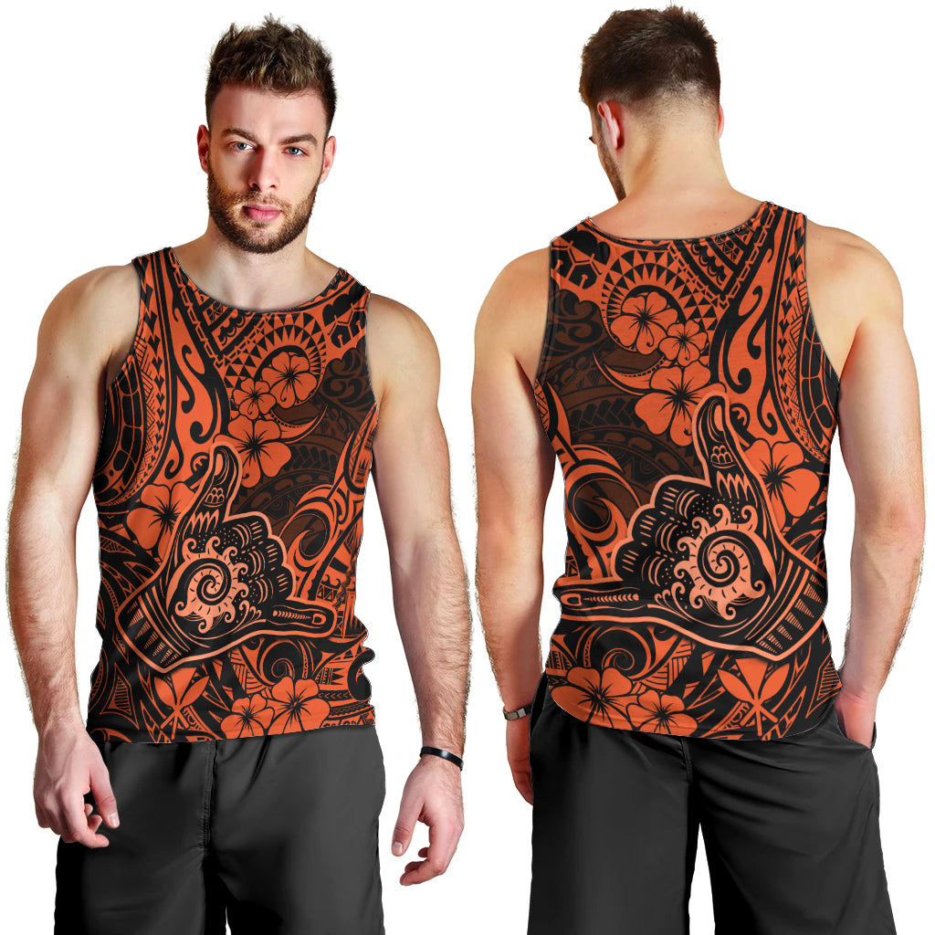 Hawaii Shaka Sign Men Tank Top With Polynesian Hibiscus Orange Unique - Wonder Print Shop