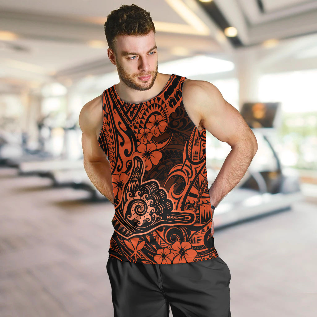 Hawaii Shaka Sign Men Tank Top With Polynesian Hibiscus Orange Unique - Wonder Print Shop