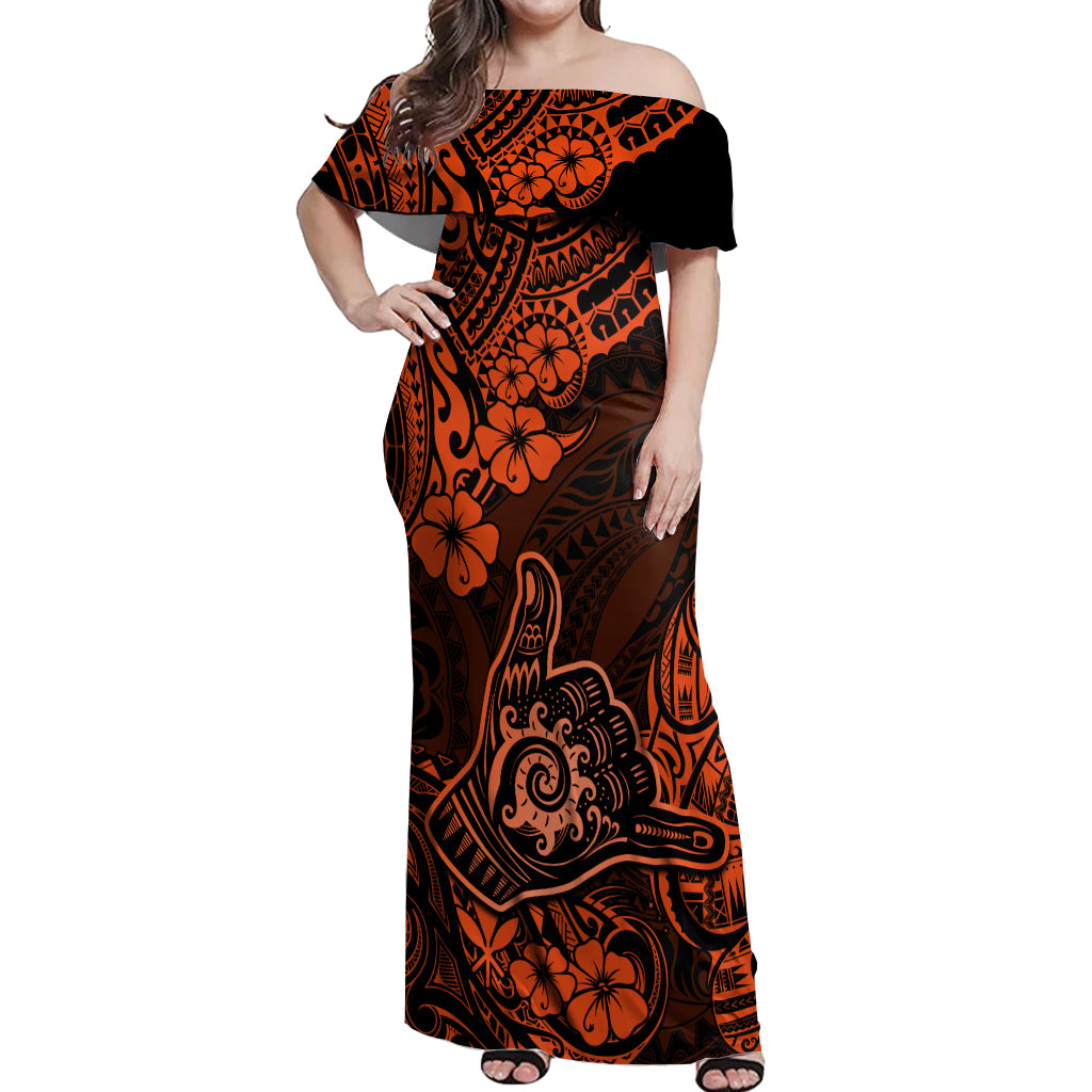 Hawaii Shaka Sign Off Shoulder Maxi Dress With Polynesian Hibiscus Orange Unique - Wonder Print Shop