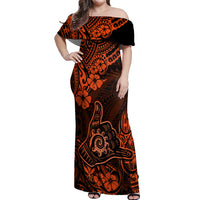 Hawaii Shaka Sign Off Shoulder Maxi Dress With Polynesian Hibiscus Orange Unique - Wonder Print Shop