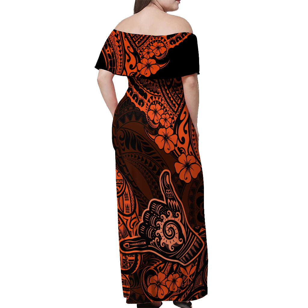 Hawaii Shaka Sign Off Shoulder Maxi Dress With Polynesian Hibiscus Orange Unique - Wonder Print Shop