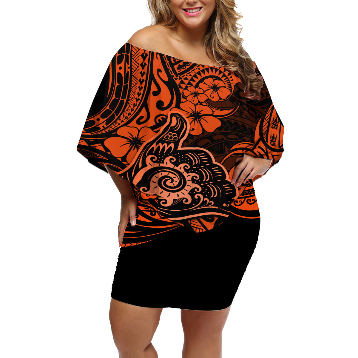Hawaii Shaka Sign Off Shoulder Short Dress With Polynesian Hibiscus Orange Unique - Wonder Print Shop