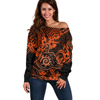 Hawaii Shaka Sign Off Shoulder Sweater With Polynesian Hibiscus Orange Unique - Wonder Print Shop