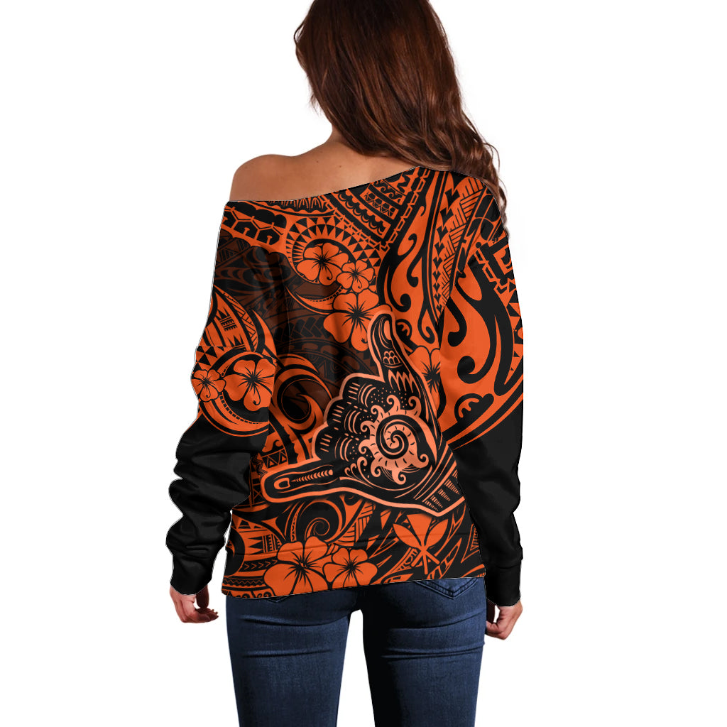Hawaii Shaka Sign Off Shoulder Sweater With Polynesian Hibiscus Orange Unique - Wonder Print Shop
