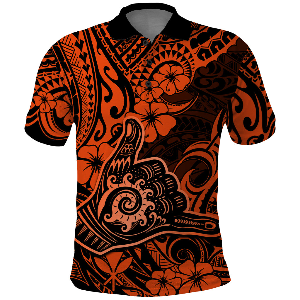 Hawaii Shaka Sign Polo Shirt With Polynesian Hibiscus Orange Unique - Wonder Print Shop