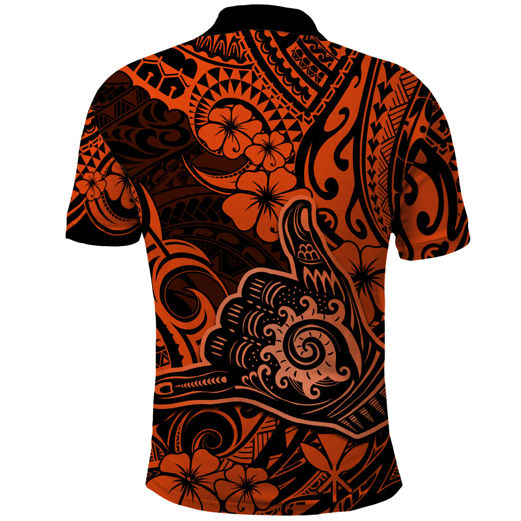 Hawaii Shaka Sign Polo Shirt With Polynesian Hibiscus Orange Unique - Wonder Print Shop