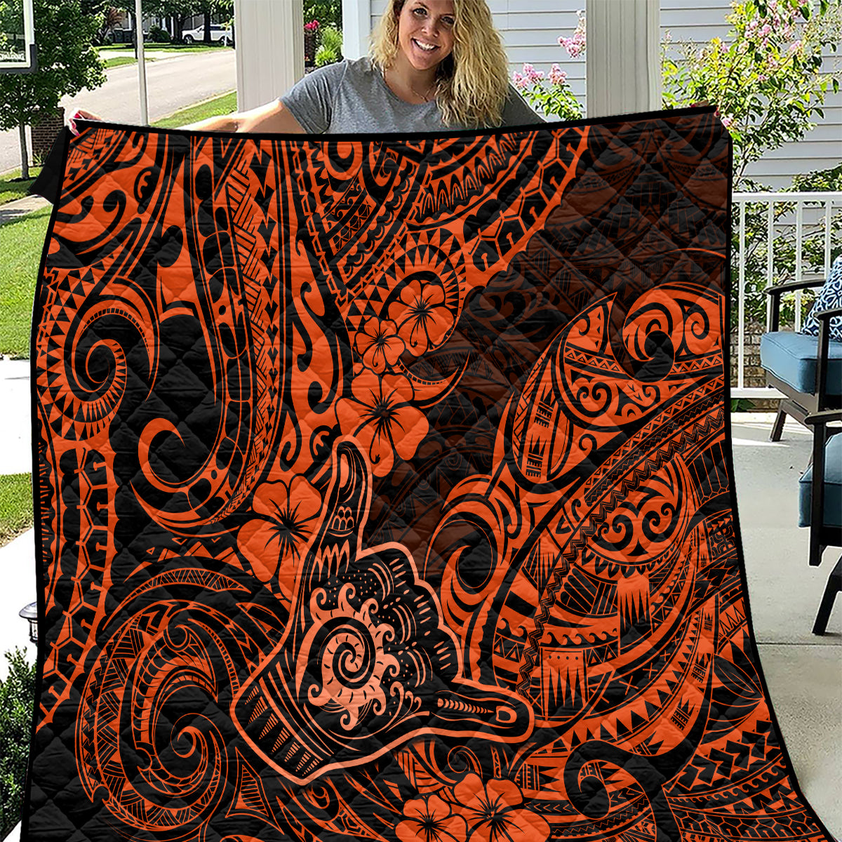 Hawaii Shaka Sign Quilt With Polynesian Hibiscus Orange Unique - Wonder Print Shop