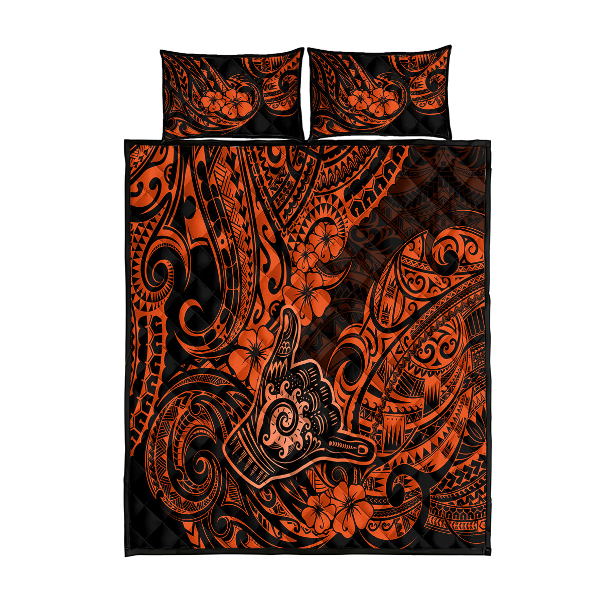 Hawaii Shaka Sign Quilt Bed Set With Polynesian Hibiscus Orange Unique - Wonder Print Shop