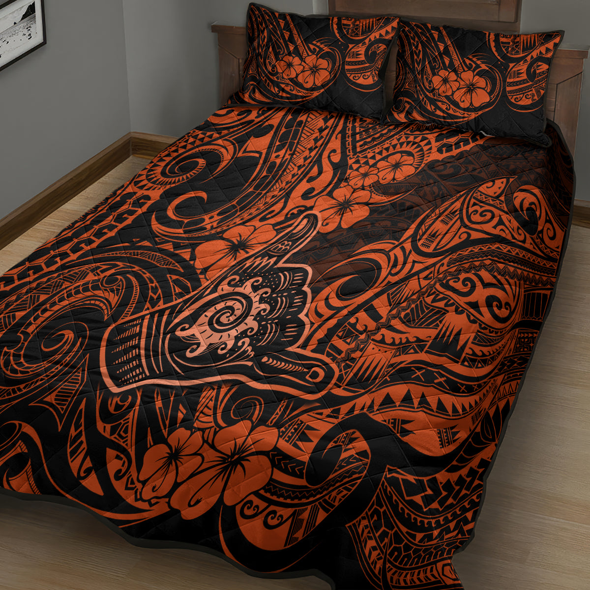 Hawaii Shaka Sign Quilt Bed Set With Polynesian Hibiscus Orange Unique - Wonder Print Shop