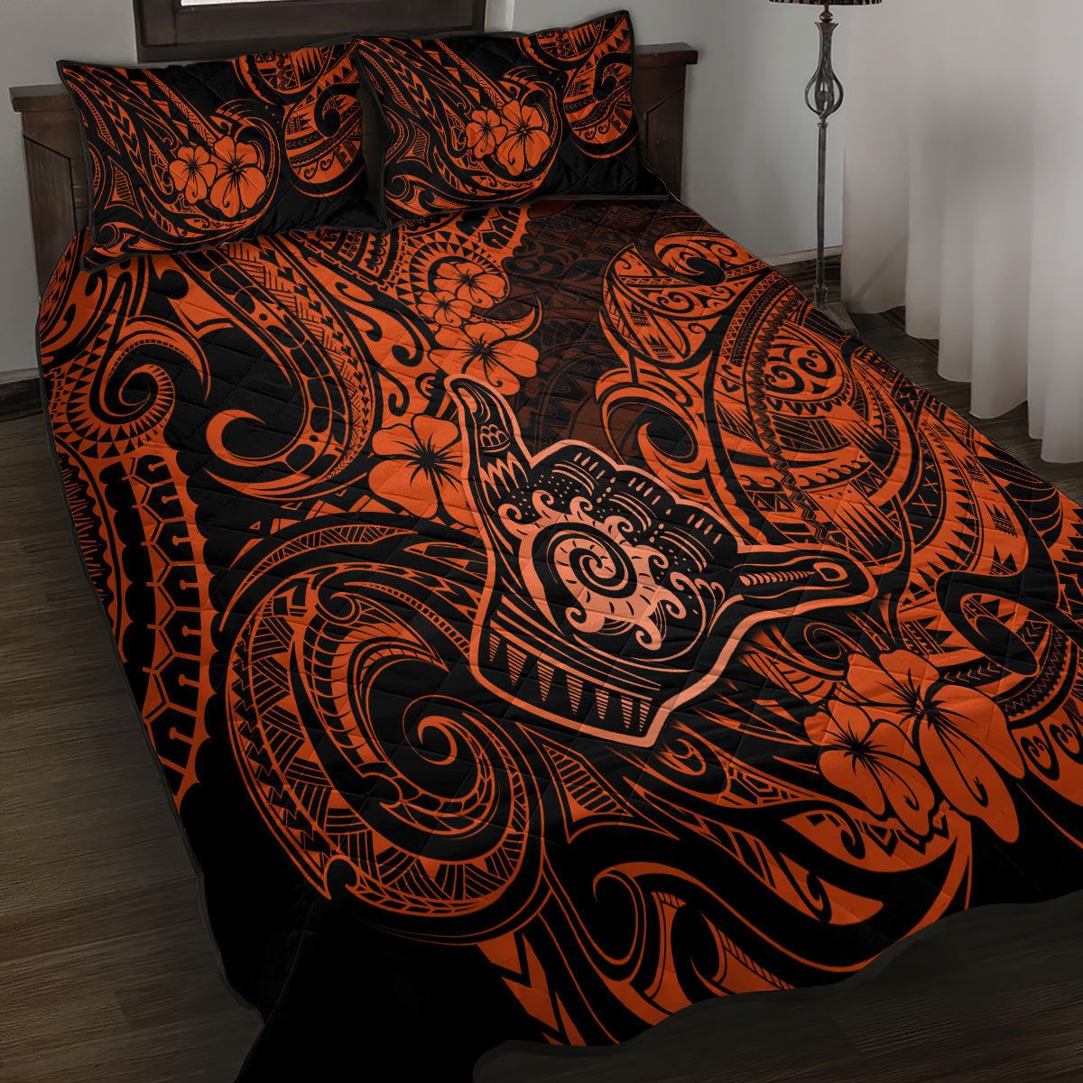 Hawaii Shaka Sign Quilt Bed Set With Polynesian Hibiscus Orange Unique - Wonder Print Shop