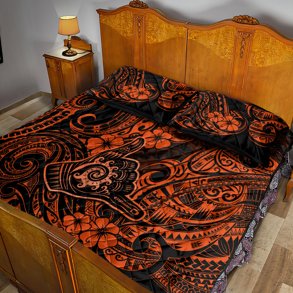 Hawaii Shaka Sign Quilt Bed Set With Polynesian Hibiscus Orange Unique - Wonder Print Shop