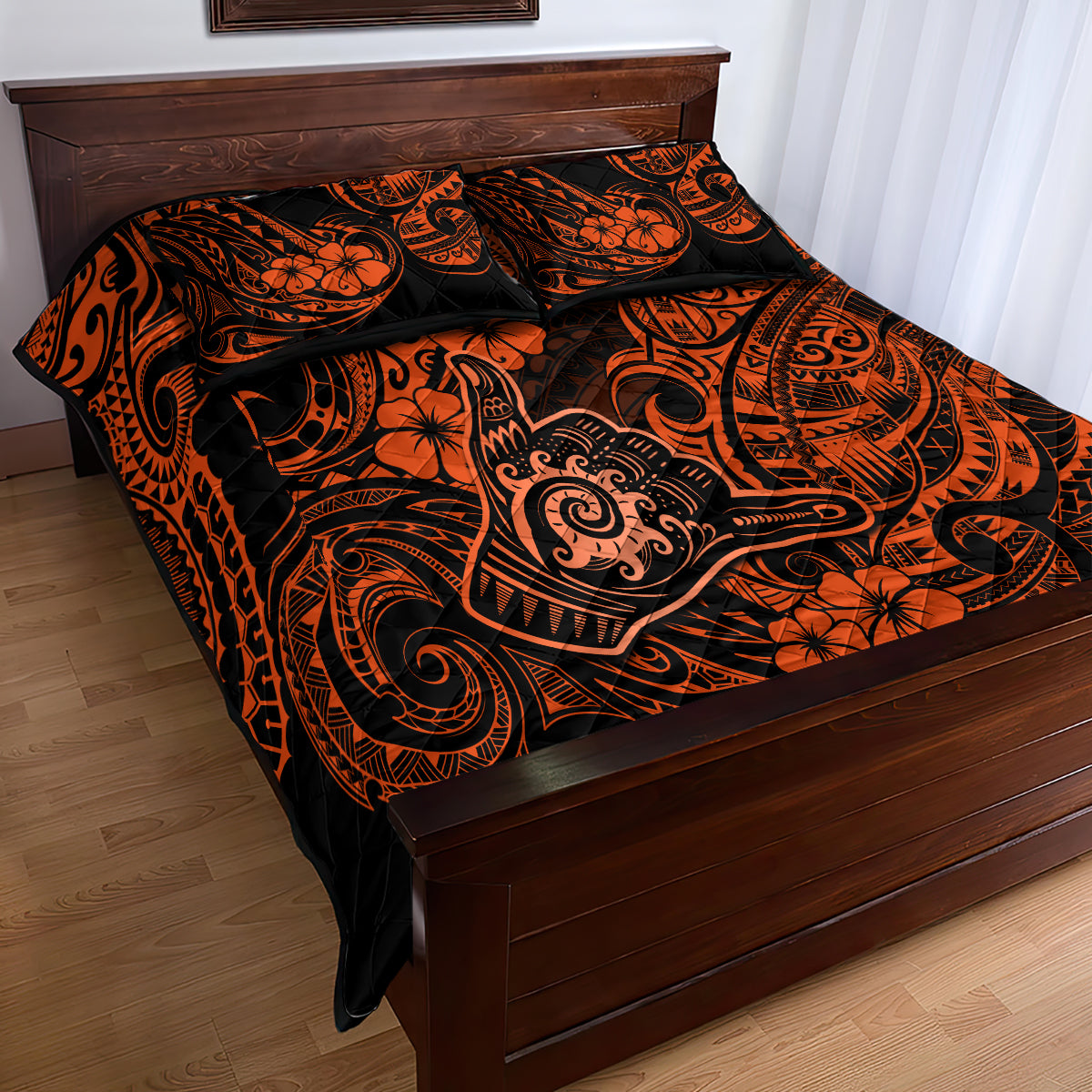 Hawaii Shaka Sign Quilt Bed Set With Polynesian Hibiscus Orange Unique - Wonder Print Shop