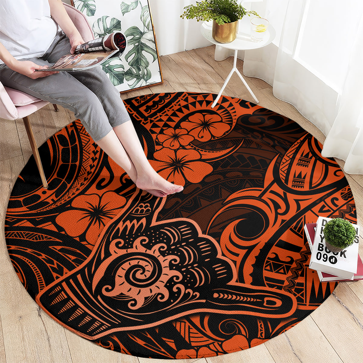 hawaii-shaka-sign-round-carpet-with-polynesian-hibiscus-orange-unique