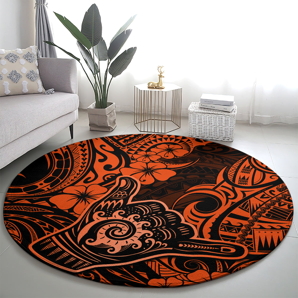hawaii-shaka-sign-round-carpet-with-polynesian-hibiscus-orange-unique