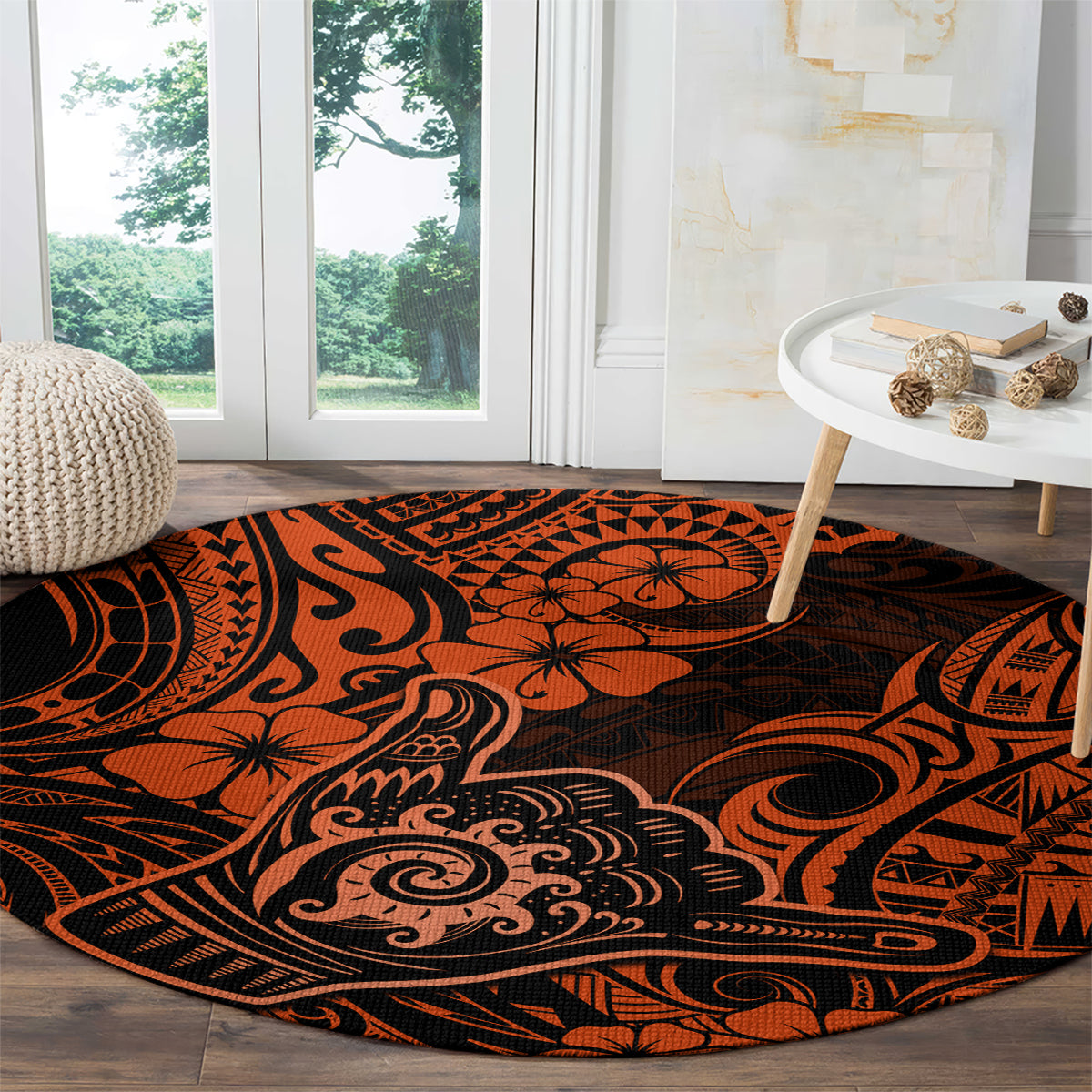 hawaii-shaka-sign-round-carpet-with-polynesian-hibiscus-orange-unique