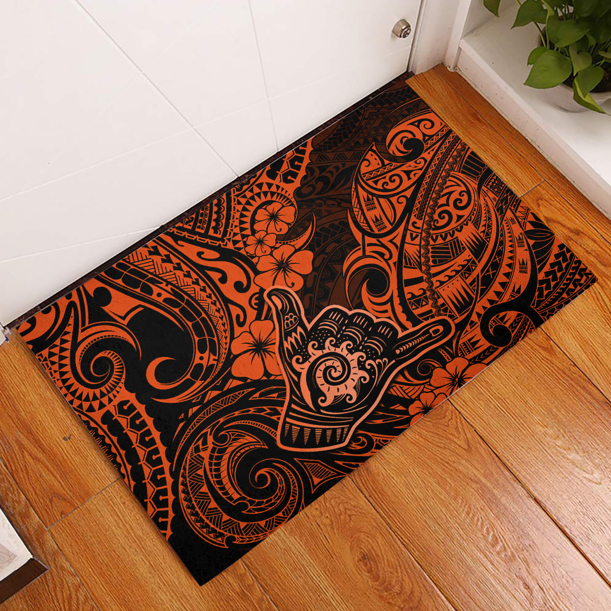 Hawaii Shaka Sign Rubber Doormat With Polynesian Hibiscus Orange Unique - Wonder Print Shop