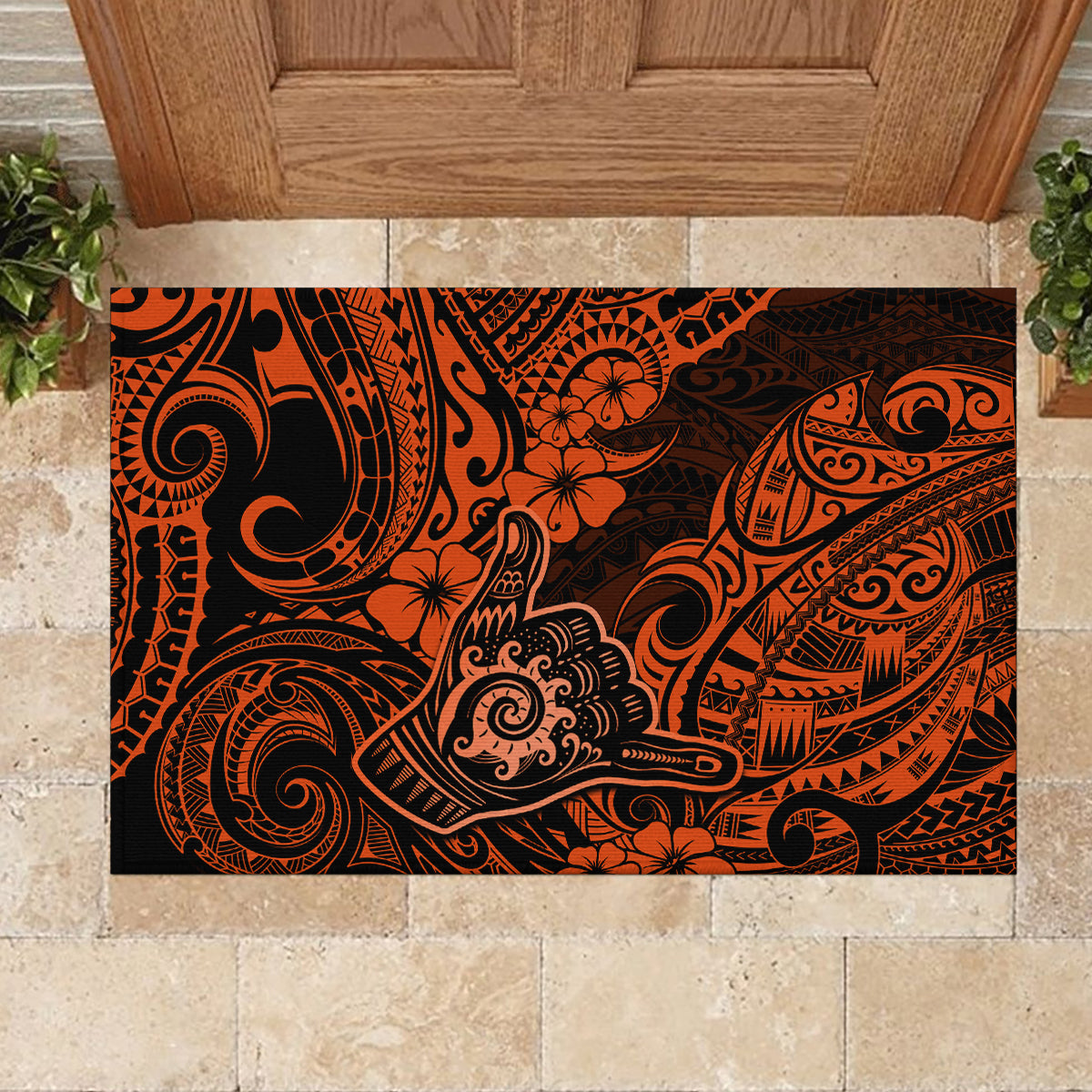 Hawaii Shaka Sign Rubber Doormat With Polynesian Hibiscus Orange Unique - Wonder Print Shop