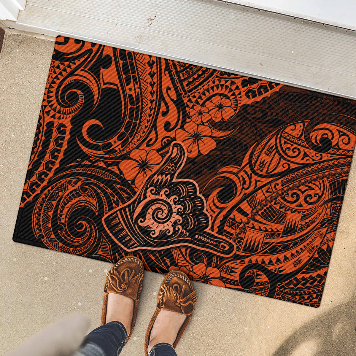 Hawaii Shaka Sign Rubber Doormat With Polynesian Hibiscus Orange Unique - Wonder Print Shop