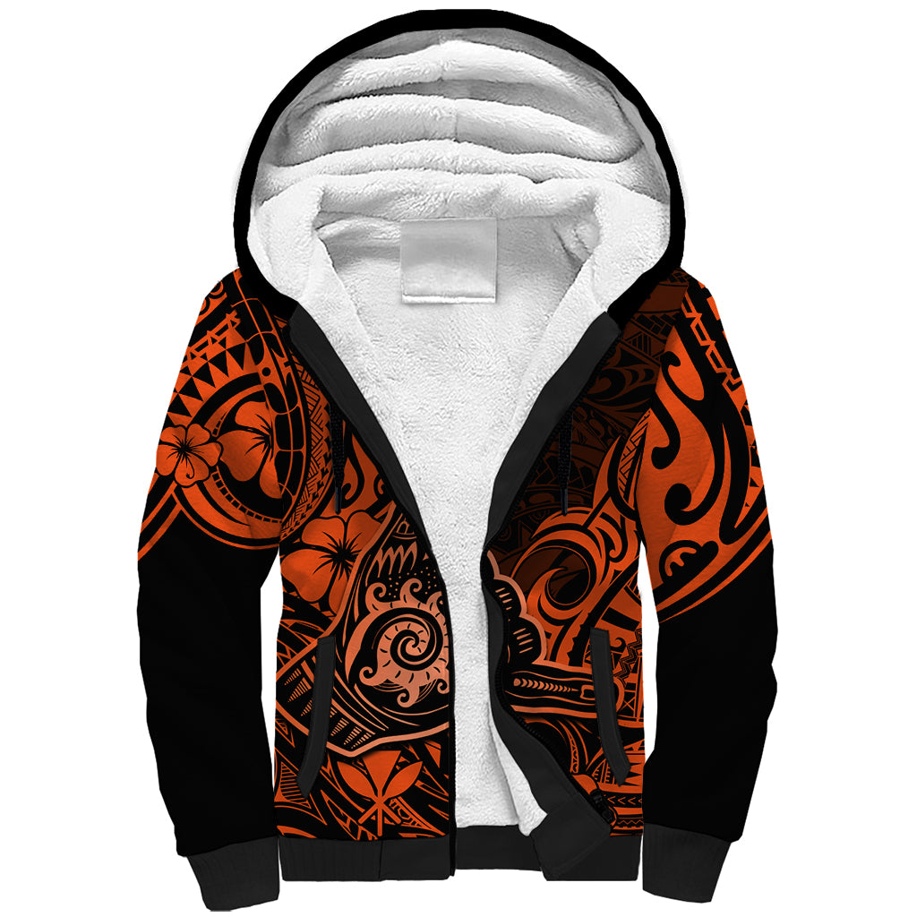 Hawaii Shaka Sign Sherpa Hoodie With Polynesian Hibiscus Orange Unique - Wonder Print Shop