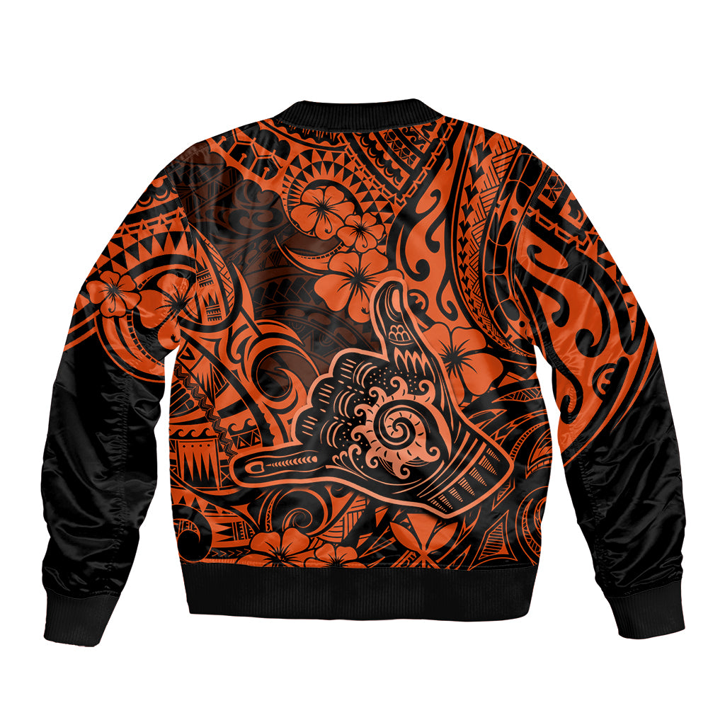 Hawaii Shaka Sign Sleeve Zip Bomber Jacket With Polynesian Hibiscus Orange Unique - Wonder Print Shop