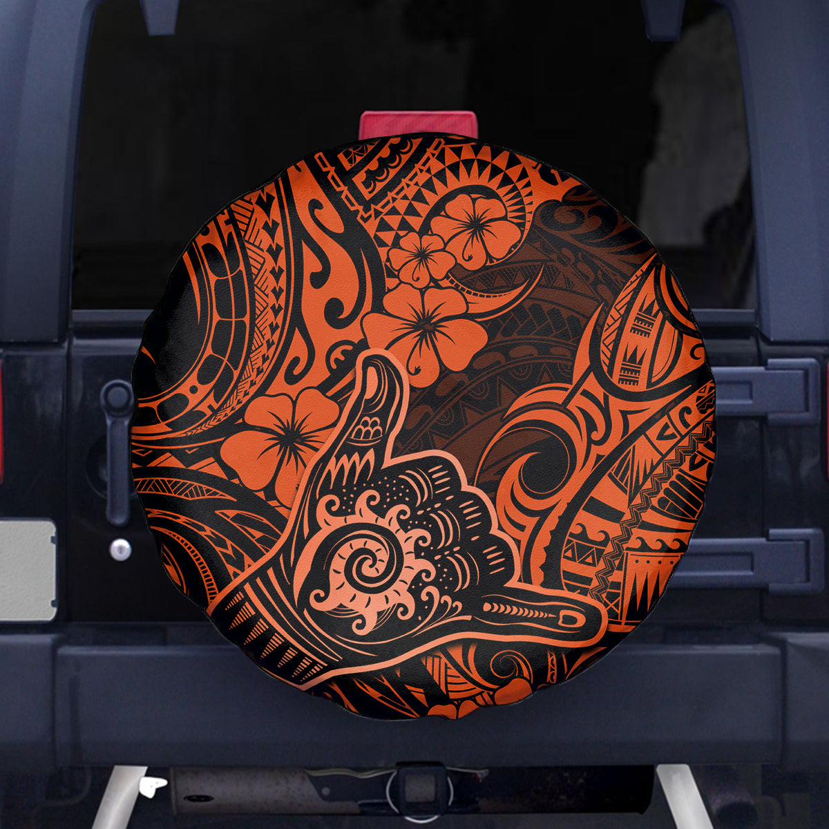 Hawaii Shaka Sign Spare Tire Cover With Polynesian Hibiscus Orange Unique - Wonder Print Shop