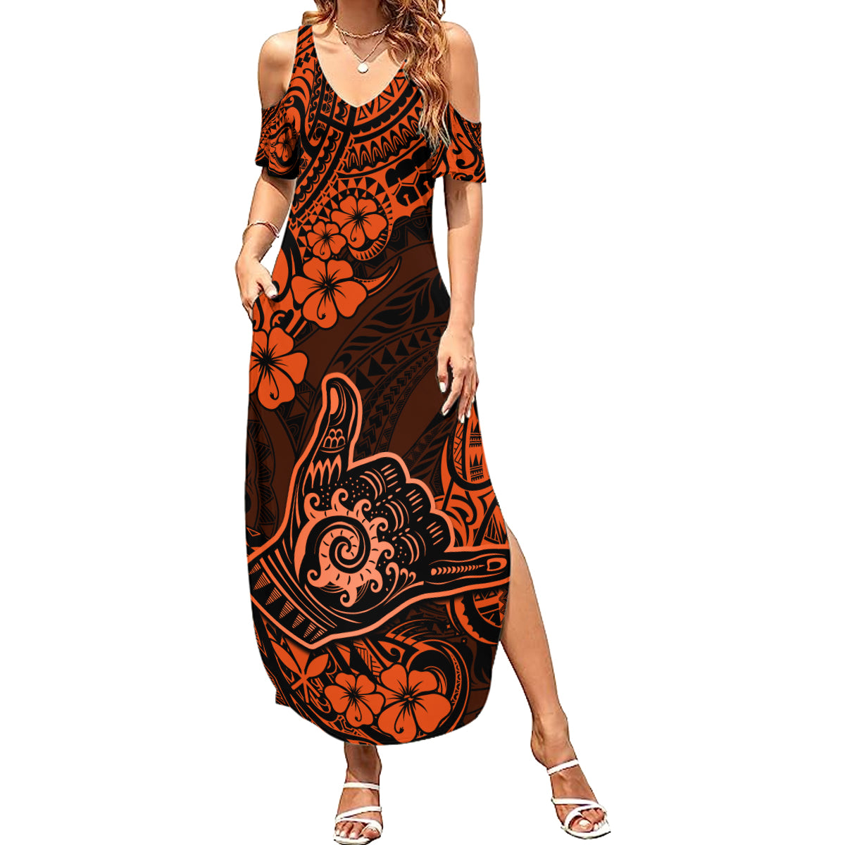 Hawaii Shaka Sign Summer Maxi Dress With Polynesian Hibiscus Orange Unique - Wonder Print Shop