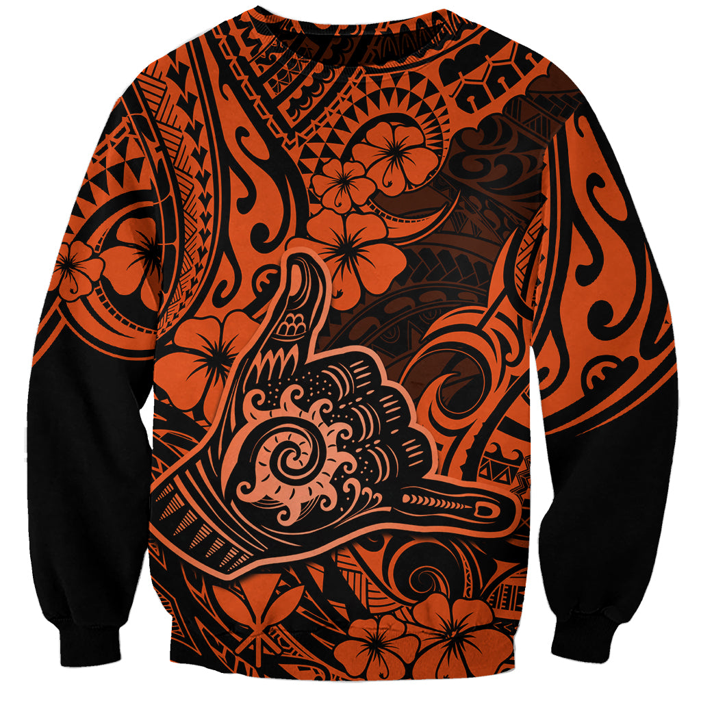 Hawaii Shaka Sign Sweatshirt With Polynesian Hibiscus Orange Unique - Wonder Print Shop