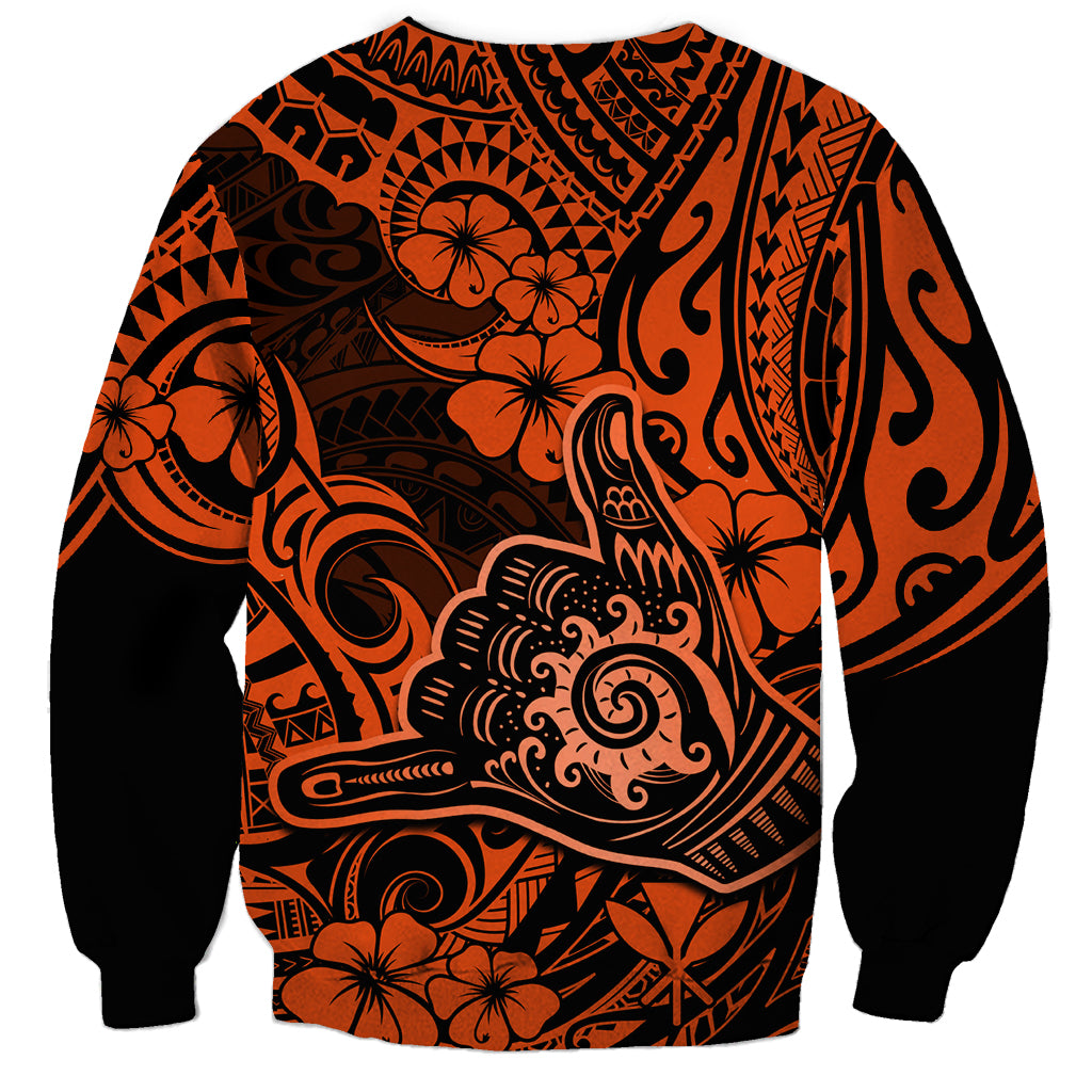 Hawaii Shaka Sign Sweatshirt With Polynesian Hibiscus Orange Unique - Wonder Print Shop