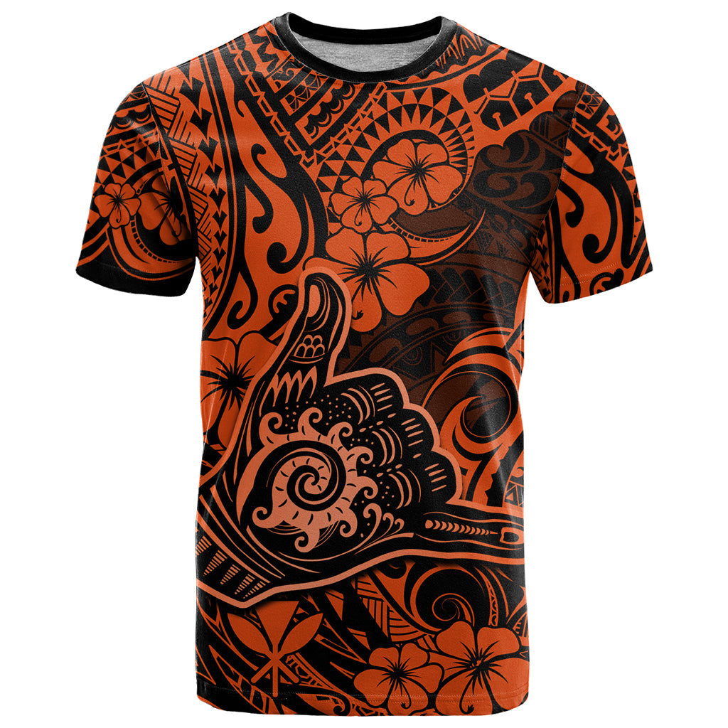 Hawaii Shaka Sign T Shirt With Polynesian Hibiscus Orange Unique - Wonder Print Shop