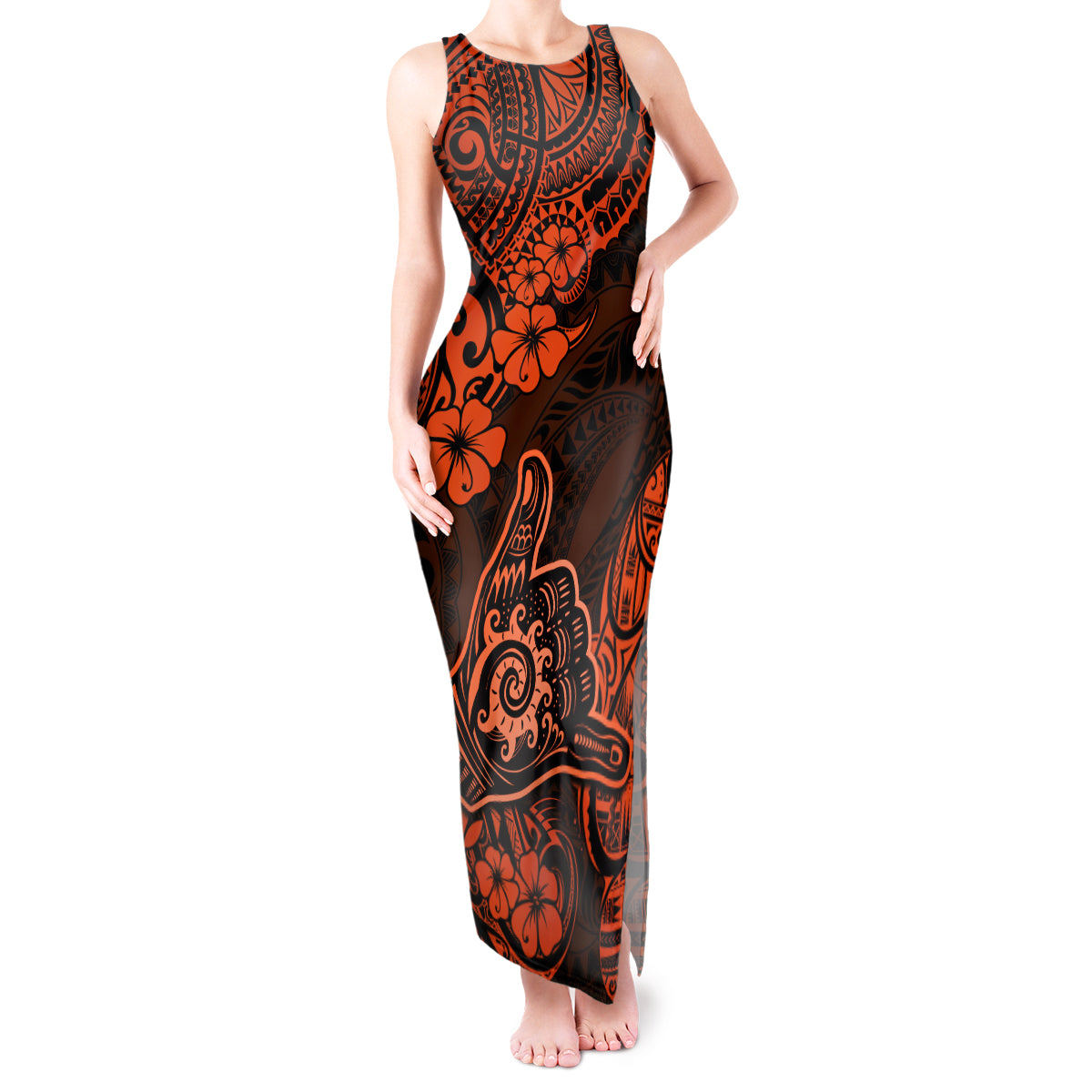 Hawaii Shaka Sign Tank Maxi Dress With Polynesian Hibiscus Orange Unique - Wonder Print Shop
