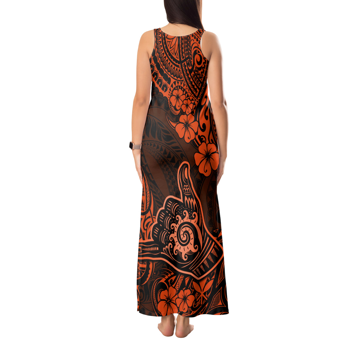 Hawaii Shaka Sign Tank Maxi Dress With Polynesian Hibiscus Orange Unique - Wonder Print Shop