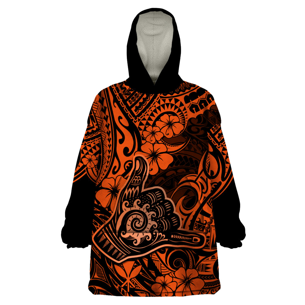 Hawaii Shaka Sign Wearable Blanket Hoodie With Polynesian Hibiscus Orange Unique - Wonder Print Shop