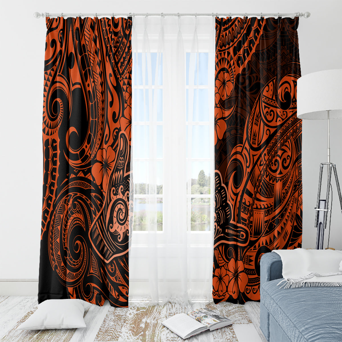 Hawaii Shaka Sign Window Curtain With Polynesian Hibiscus Orange Unique - Wonder Print Shop