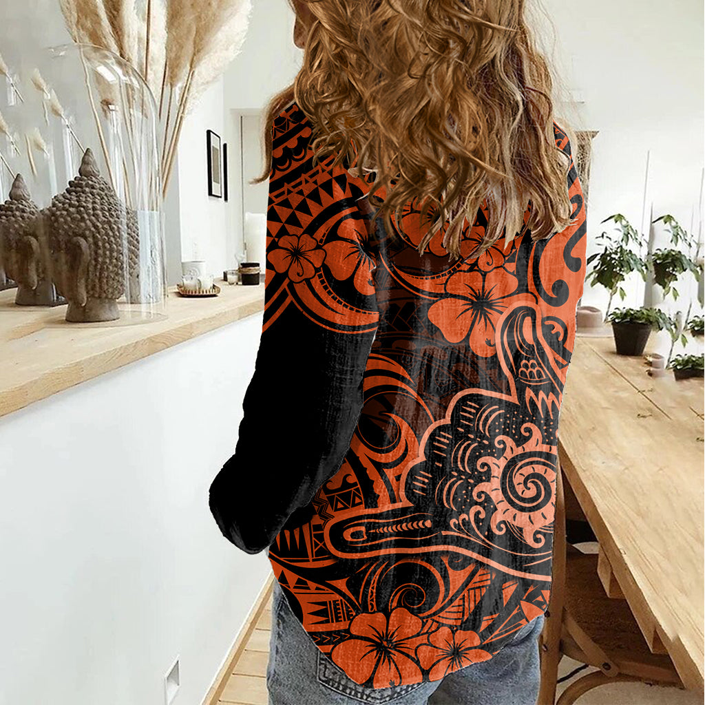 Hawaii Shaka Sign Women Casual Shirt With Polynesian Hibiscus Orange Unique - Wonder Print Shop