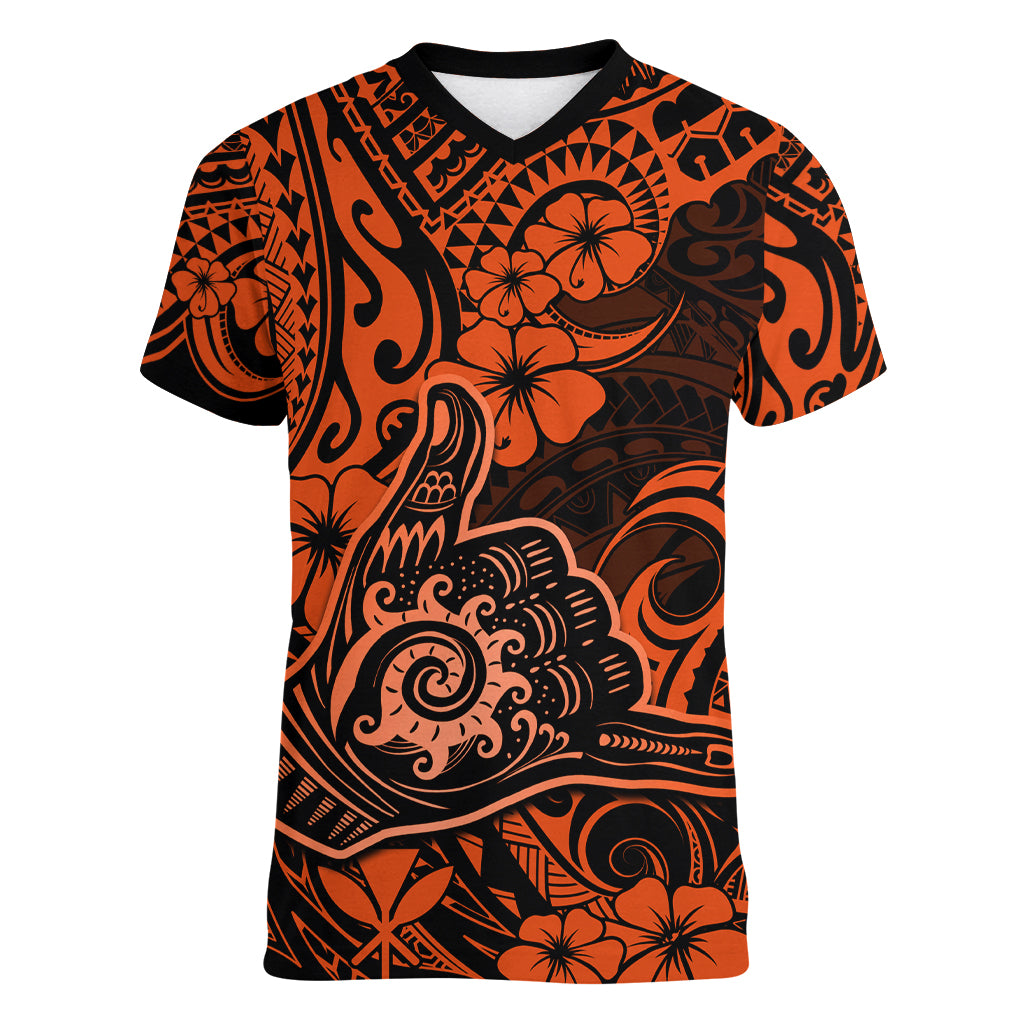 Hawaii Shaka Sign Women V Neck T Shirt With Polynesian Hibiscus Orange Unique - Wonder Print Shop