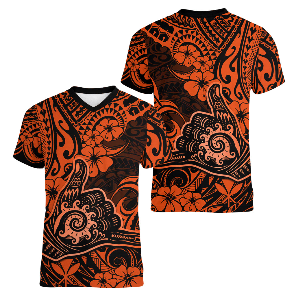 Hawaii Shaka Sign Women V Neck T Shirt With Polynesian Hibiscus Orange Unique - Wonder Print Shop